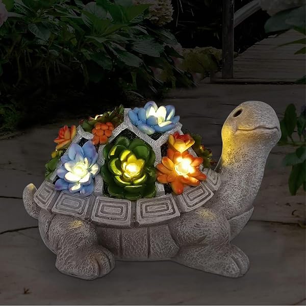 Yeomoo Solar Gartenfiguren Schildkröte Gartendeko für Draußen, mit Sukkulenten und 7 LED Leuchten Home Balkon Dekoration, Figur Kawaii Geschenke für Frauen/Mama Deko für Zimmer Terrasse - 1
