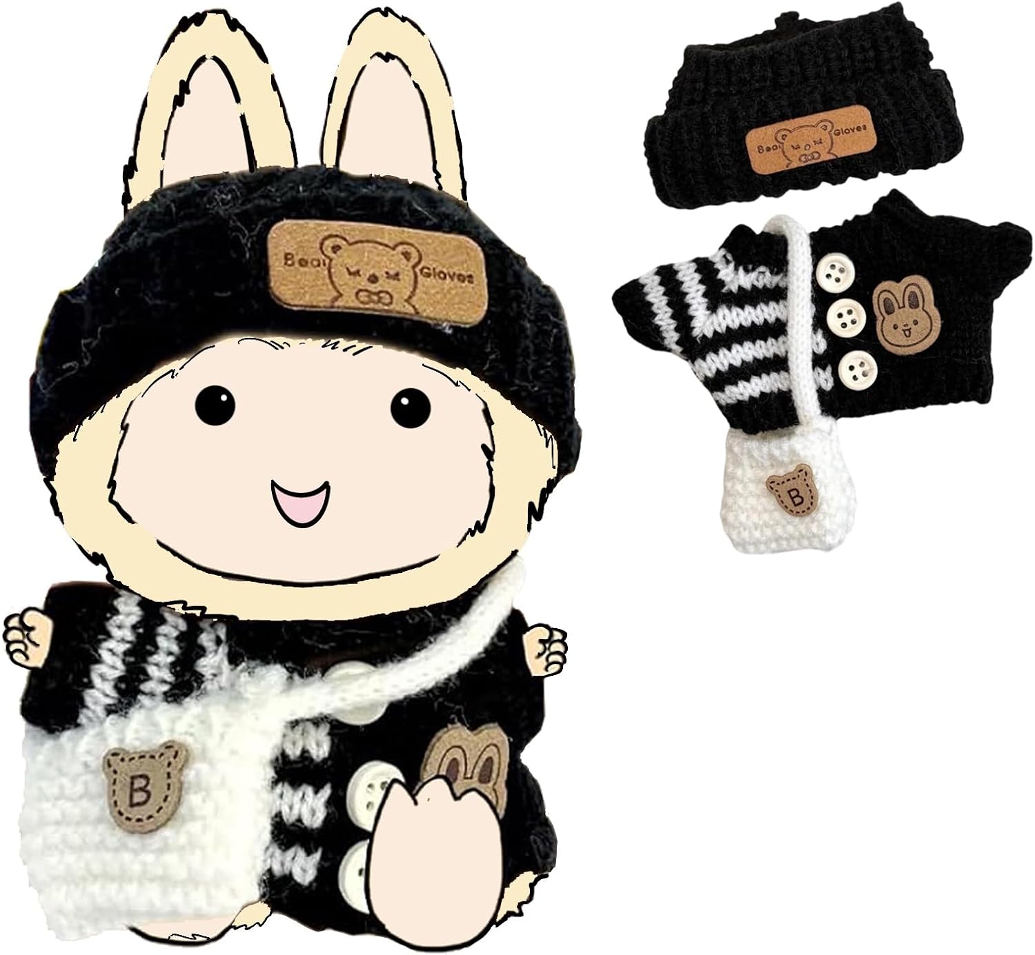 Handmade Crochet Doll Clothes ,Compatible with 5.91-6.7inch (15-17cm) Dolls as Accessories , Adorably Stylish Set for Dolls, Cute Doll Outfit with Accessories( Black Sweater + Black Hat +White Bag)
