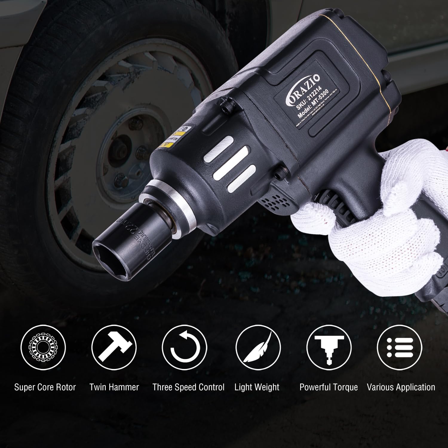 ORAZIO 1/2" Air Impact Wrench 1200NM, Twin Hammer, 8 Sockets 12-24mm - Image 4