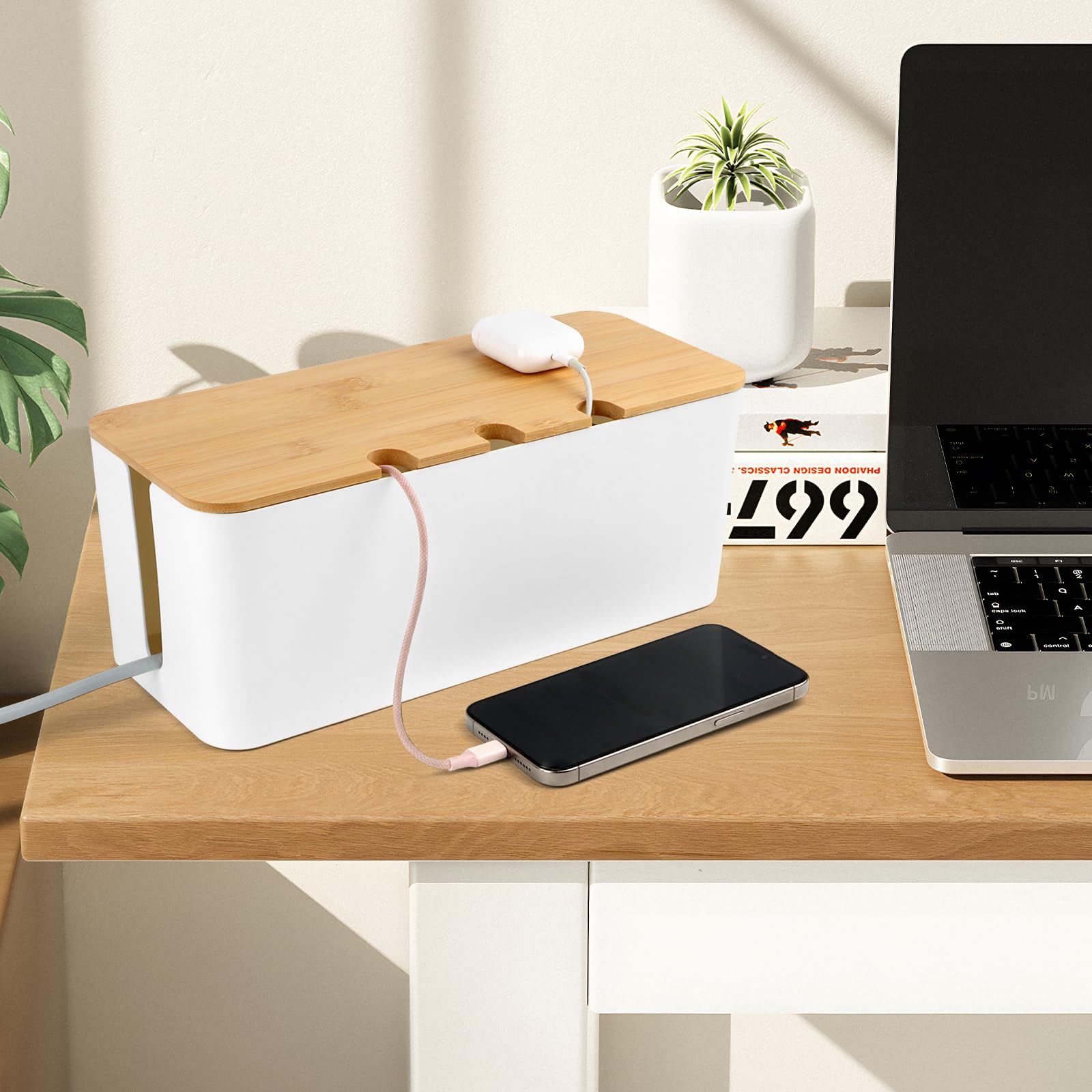 Set de 3 Caja Organizadora de Cables, Caja de Gestión de Cables con Tapa de Bambú, Cajas Guarda Cables, Ocultar Organizador Cables para Regletas TV Escritorio