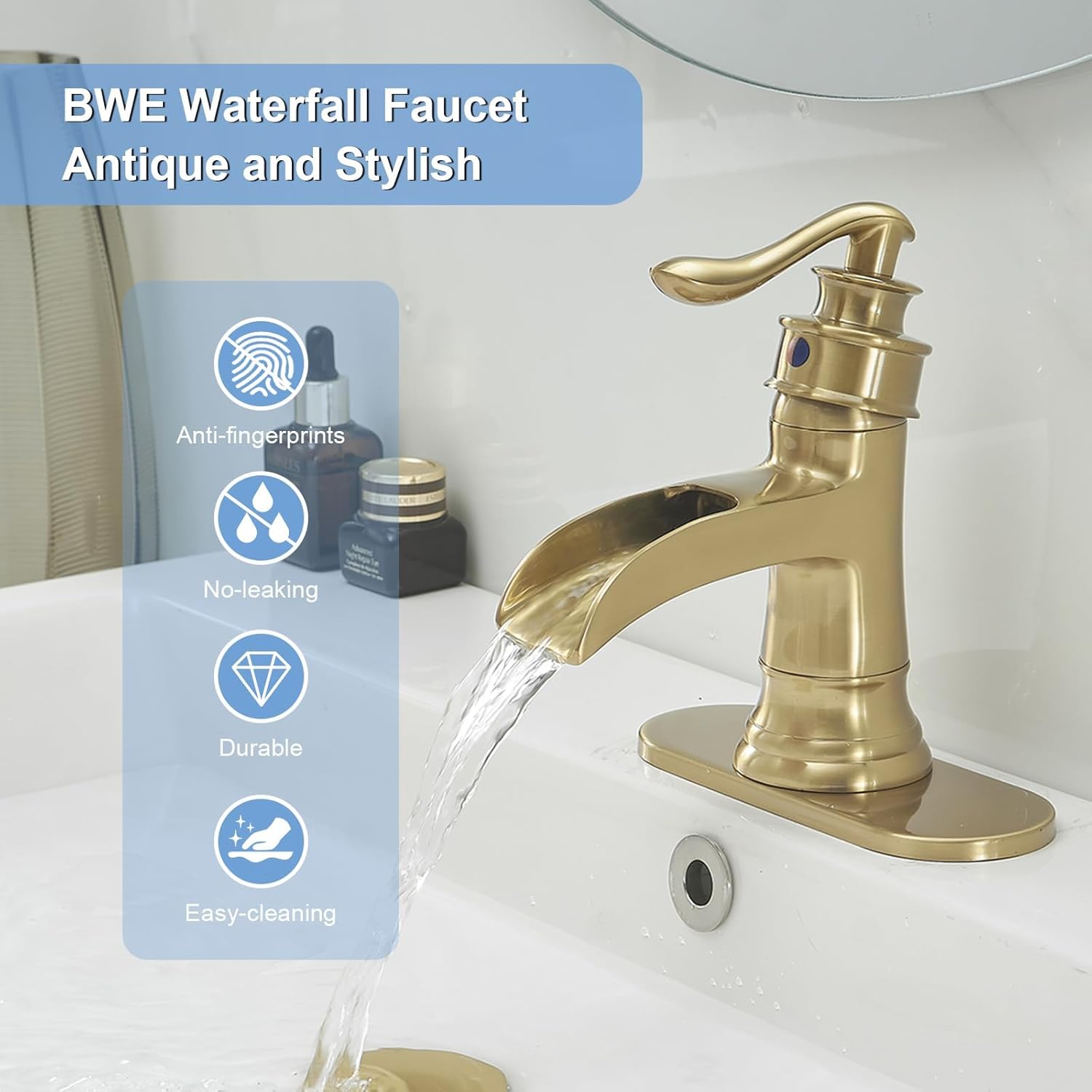 BWE Waterfall Bathroom Faucet Brushed Gold Bathroom Sink Faucet One Hole Single Handle Bundle with Brushed Gold Towel Racks for Bathroom Towel Rack for Rolled Towels Wall Mounted