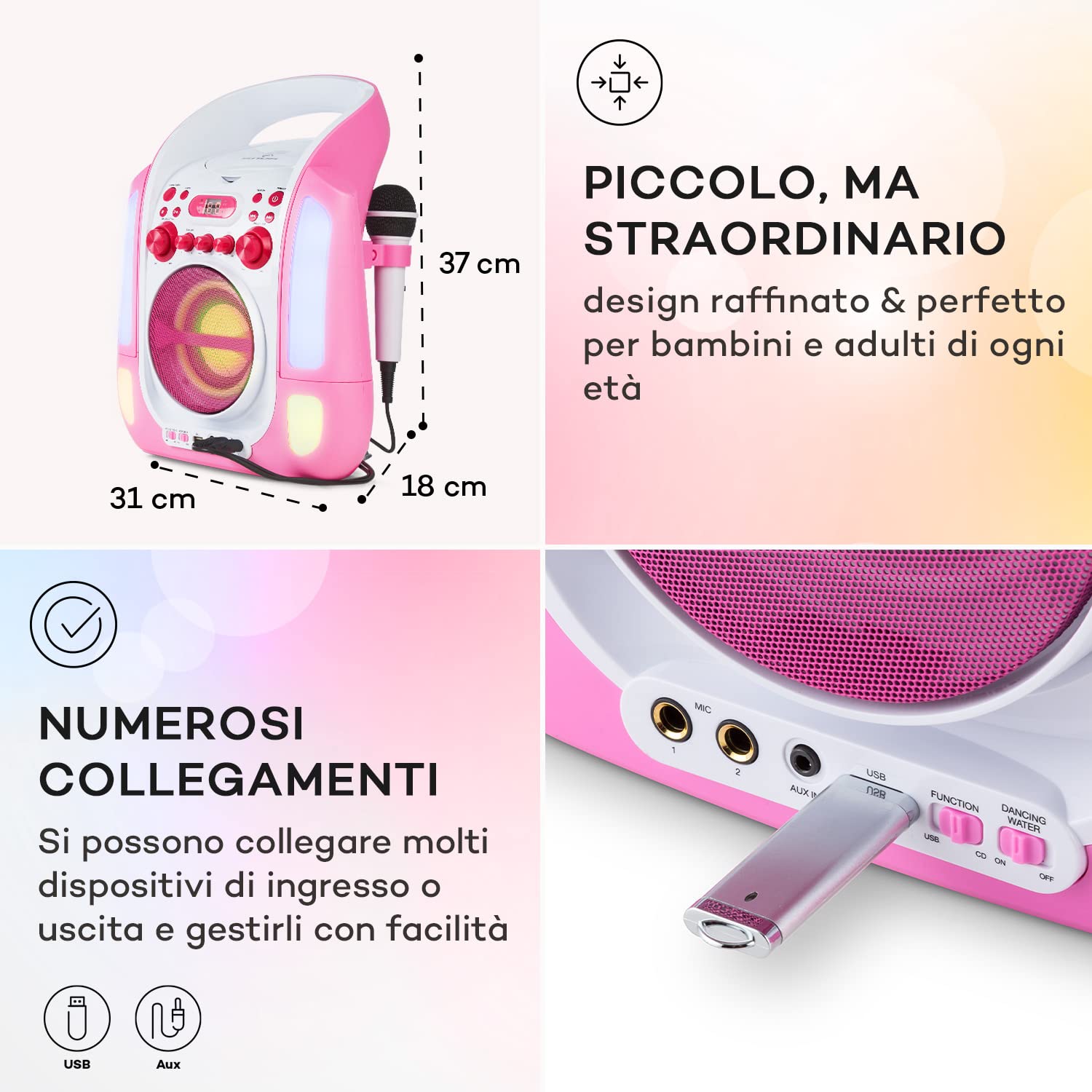 AUNA Kara Illumina - Kit Karaoke, 2 Microfoni Dinamici, Lettore CD+G , Top Laoding, Capacitá MP3, Uscita Video, usicta Audio, Effetto Eco, Funzione AVC, Rosa-Bianco