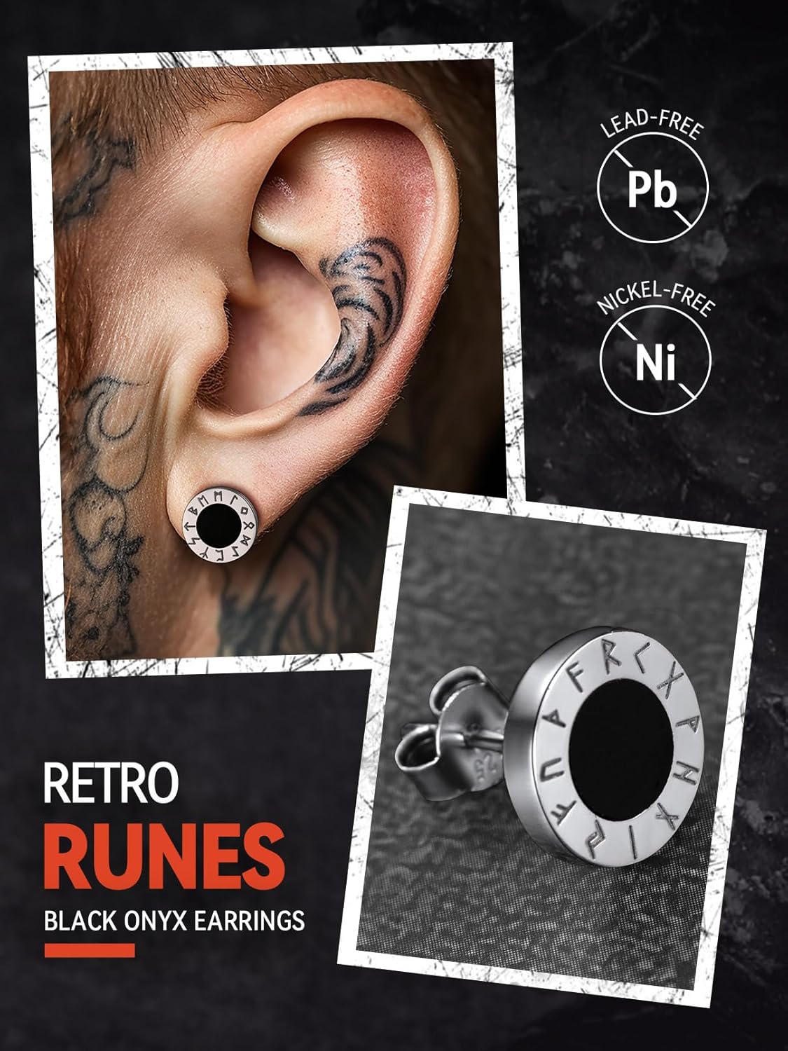 FaithHeart Viking Runes Stud Earrings for Men Silver/Black/Gold Stainless Steel Lightweight Earrings Retro Norse Mythology Jewelry with Gift Box - Image 4