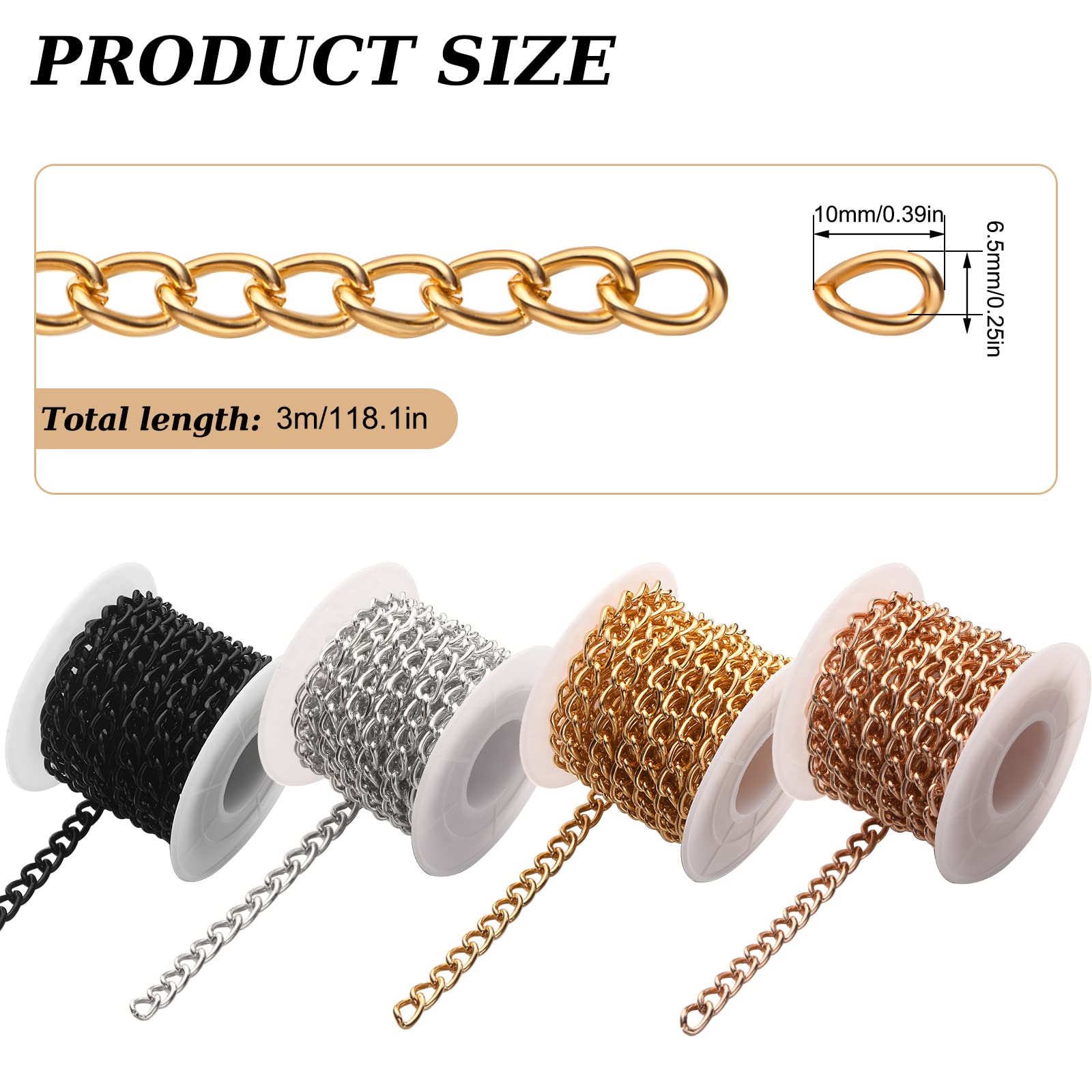 4 Rolls 39.4 Feet in Total Aluminium Curb Chains Twisted Links Curb Chain Spool Jewelry Making Chains for Bracelet Necklace Jewelry Making (Rose, Black, Silver, Gold)