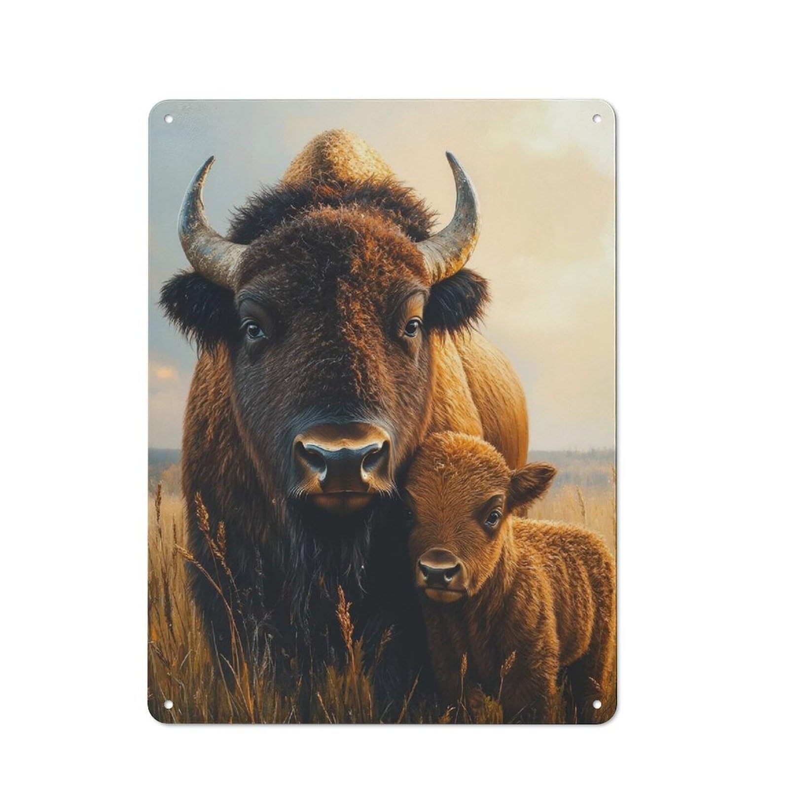 Junmoney Style-15 Garage Style Bison Mother And Calf Portrait Decorative Metal Plaque 40X30cm, Garage Wall Decor For Workshop, Basement, Shed Or Games Room