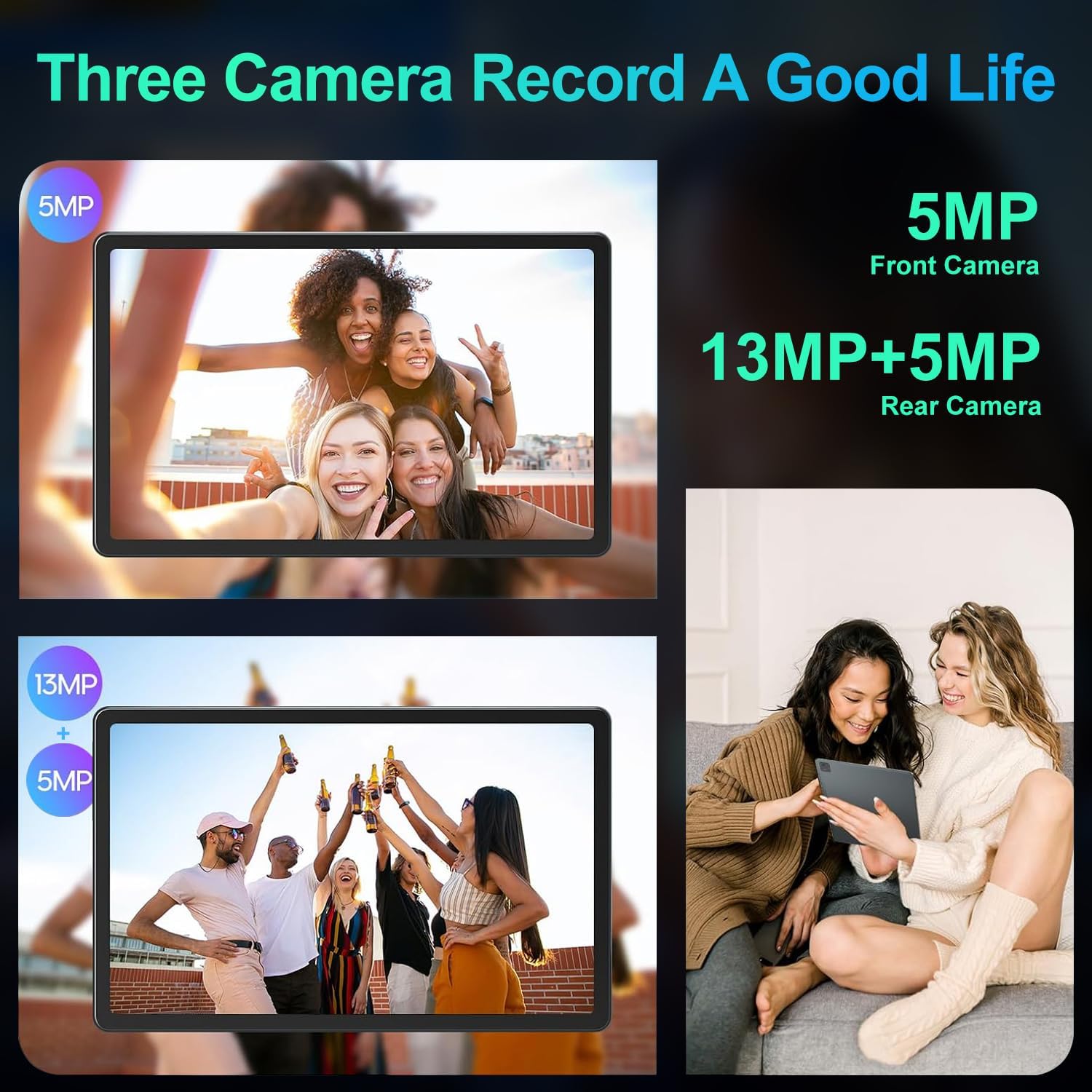 Billede der viser eks.amples of photos taken with the JIMTAB F11 tablet's front and rear cameras, highlighting the 5MP front and 13MP+5MP rear cameras.