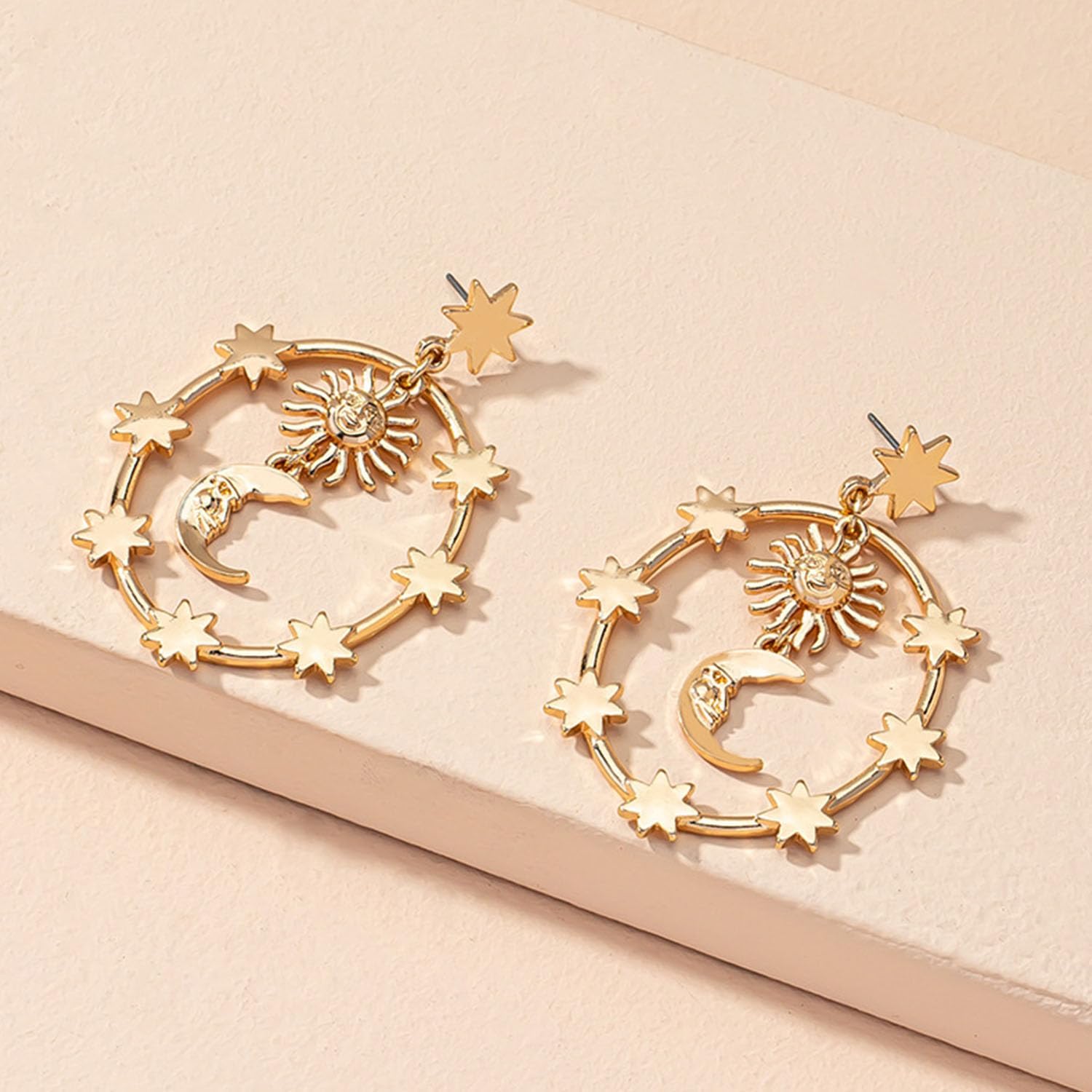 Gold Star Earrings for Women Sun and Moon Drop Dangle Earrings Celestial Earrings Statement Round Earrings Jewelry for Women - Image 5