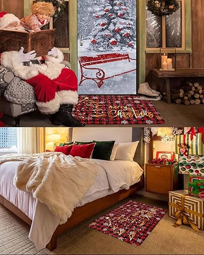 Vista 346 de Tapete de Feliz Navidad, tapete antideslizante para puerta delantera, baño, cocina, dormitorio, patio, entrada, 16 x 24 pulgadas, rojo, negro y verde