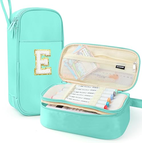 Miniatura 20 de Estuche para lápices extragrande, bolsa de gran capacidad, bolsa de lápices personalizada con inicial con cremallera suave, múltiples bolsillos
