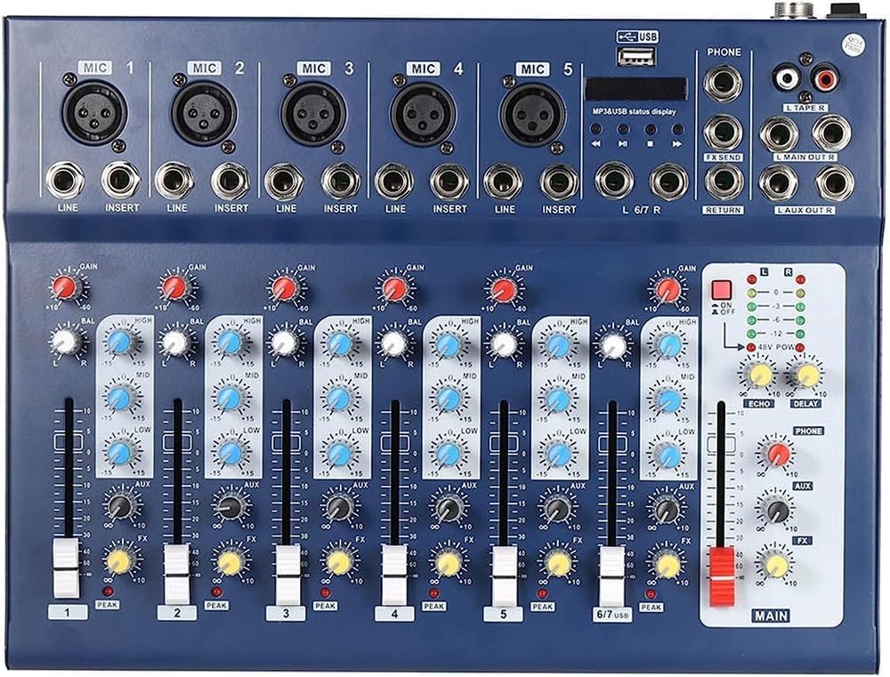 Studio Mixing Desks, 7-Channel Digital Mic Line Audio Sound Mixer Mixing Console with USB Input 3 Bands Equalizer for Recording DJ Stage Karaoke Music Appreciation