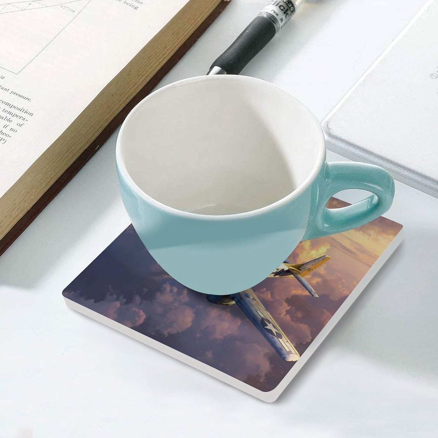 Military Aircraft Fighter WWII P-51 Airplane Coaster for Drinks Square Ceramic Table Coasters Stone Mat Crafts 6PCS Home Kitchen Decor