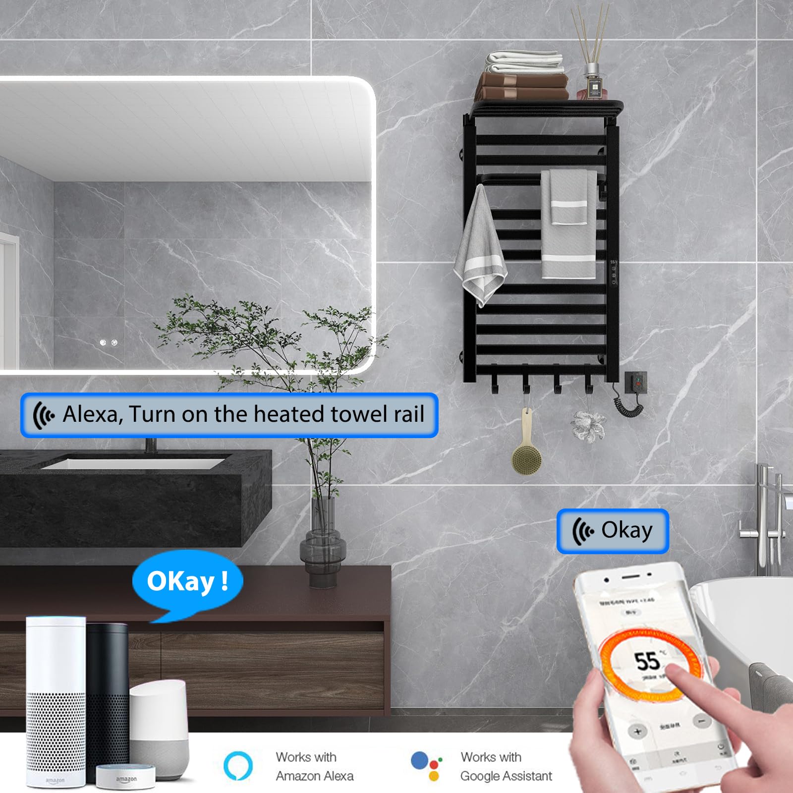 Toallero Baño Radiador, Calentador de Toallas con termostato Inteligente WiFi, para Alexa y Google Home y App, 500x870mm, Toallero Electrico, Radiador Toallas,Radiador Secador Toallas-WiFi Black Right