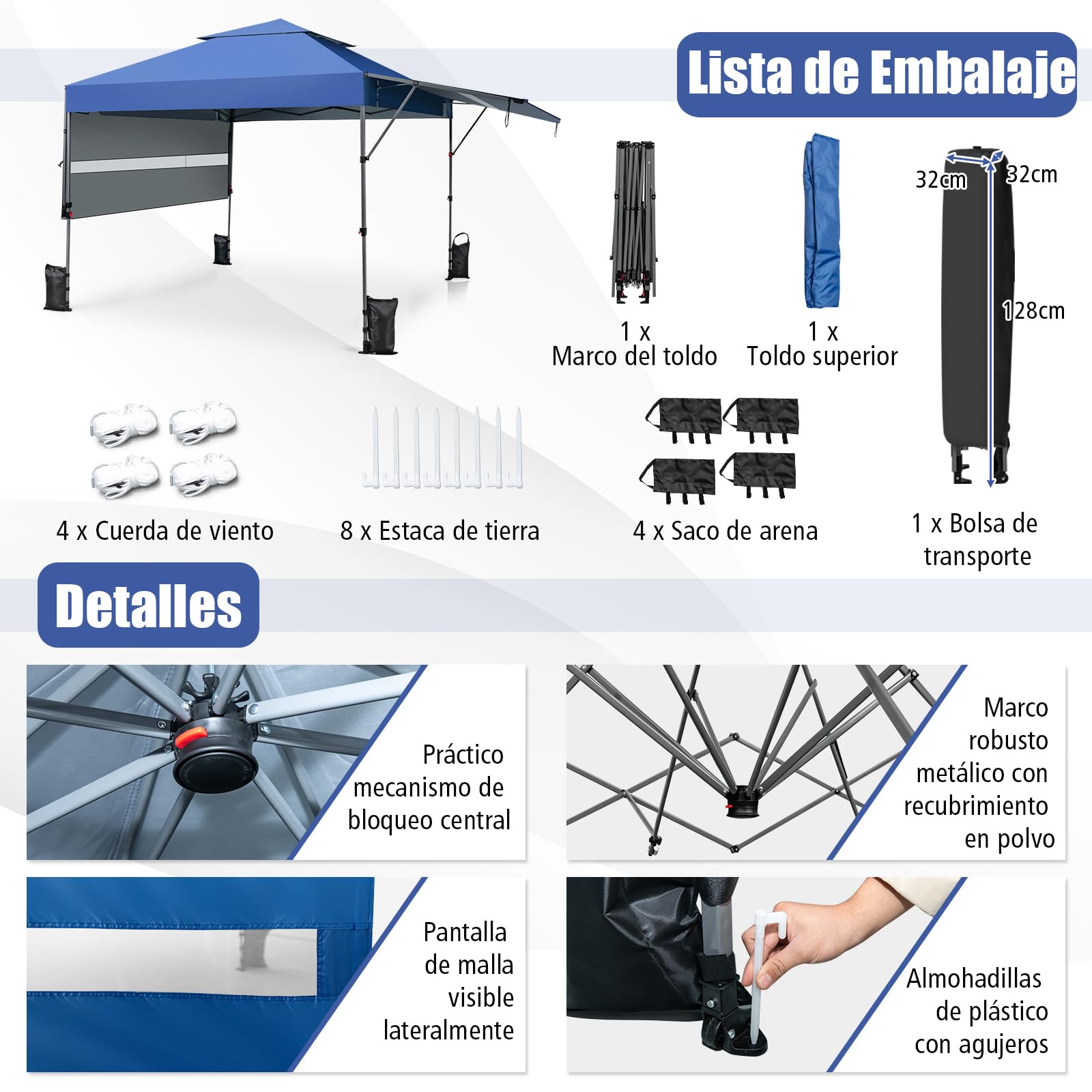 GOPLUS Carpa Plegable 3x3 Impermeable, Cenador con 2 Toldos Laterales Extensibles y Altura Ajustable, Carpa para Exteriores con Ruedas y Bolsa Portátil, UV50+, para Camping, Mercado (Azul)