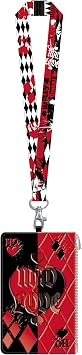DC Comics Harley Quinn Lanyard with Passport Holder, Clear ID Card Slot, Coin Zipper Pouch and Detachable Neck Strap, Summer Vacation 2022 Travel Accessories, 7 inches