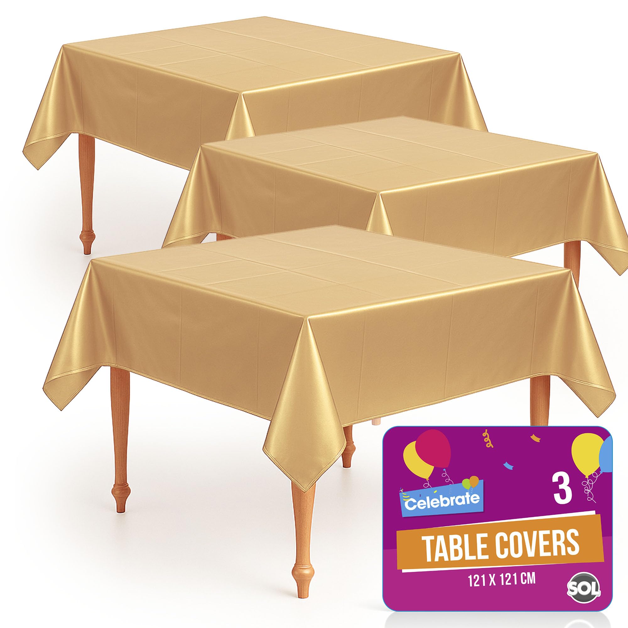 3pk Gold Disposable Tablecloths 121x121cm. Durable Plastic Cover for Parties, Weddings, Anniversaries, Retirement, Birthdays, Gala Dinners, Christmas & New Year – Waterproof, Easy Clean & Elegant