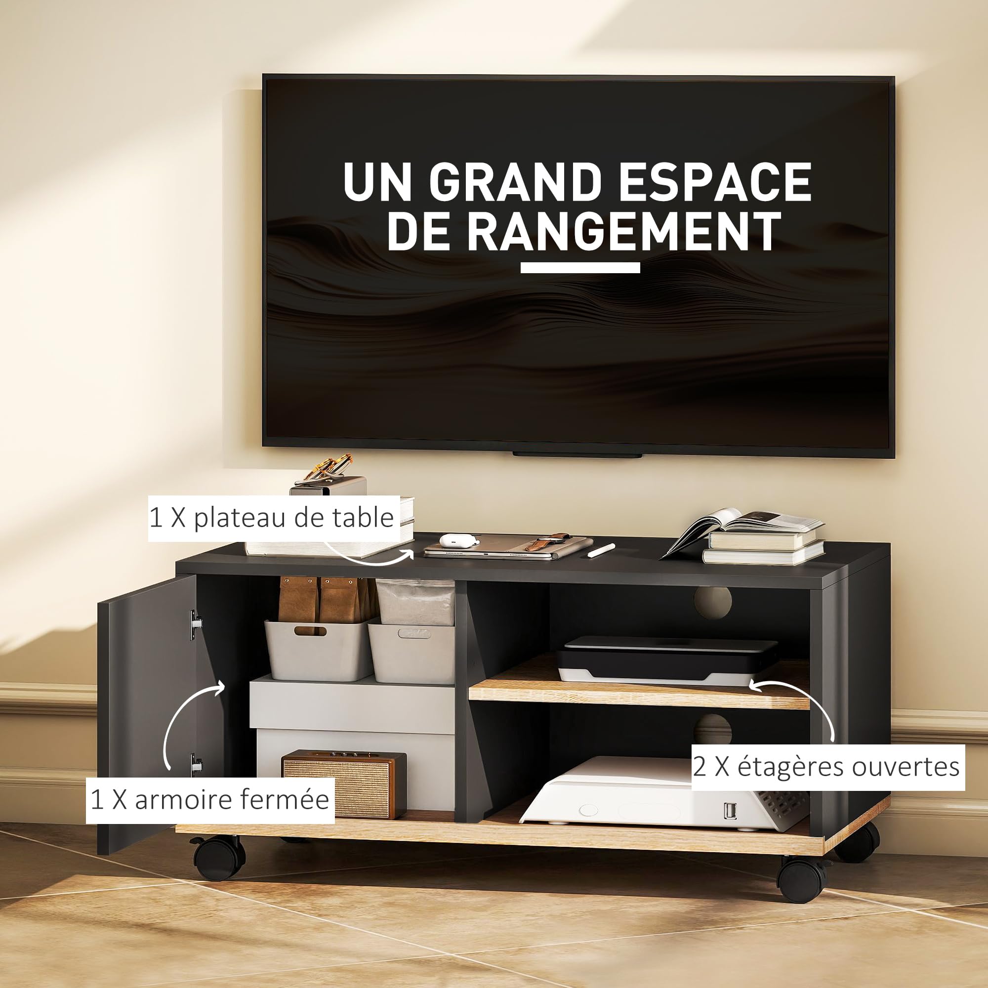HOMCOM Meuble TV sur roulettes avec 2 Freins - 2 niches + Placard Porte 2 Passe-Fil - en Bois Noir chêne Clair