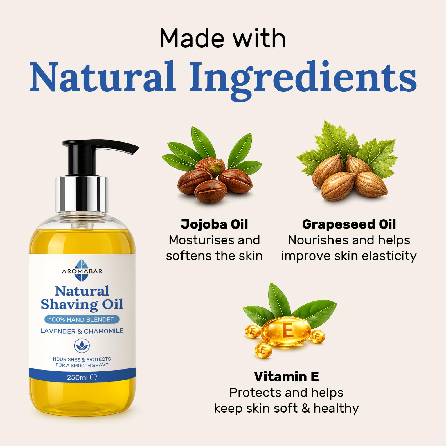 Huile de rasage NATURELLE AVEC LAVANDE & CAMOMILLE 250ml Huile pré rasage 100% pure avec Distributeur pompe ou UTILISATION comme un après rasage hydrater