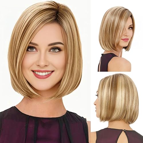 Miniatura 5 de RENERSHOW Pelucas cortas rubias estilo Bob para mujeres blancas, rubio degradado, con reflejos, peluca Pixie Bob con flequillo, longitud de barbilla