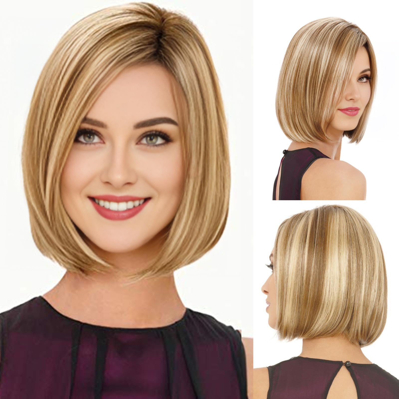 RENERSHOW Short Blonde Bob Wigs for Women Girls 12 inch Cute Straight Bobo blonde highlight