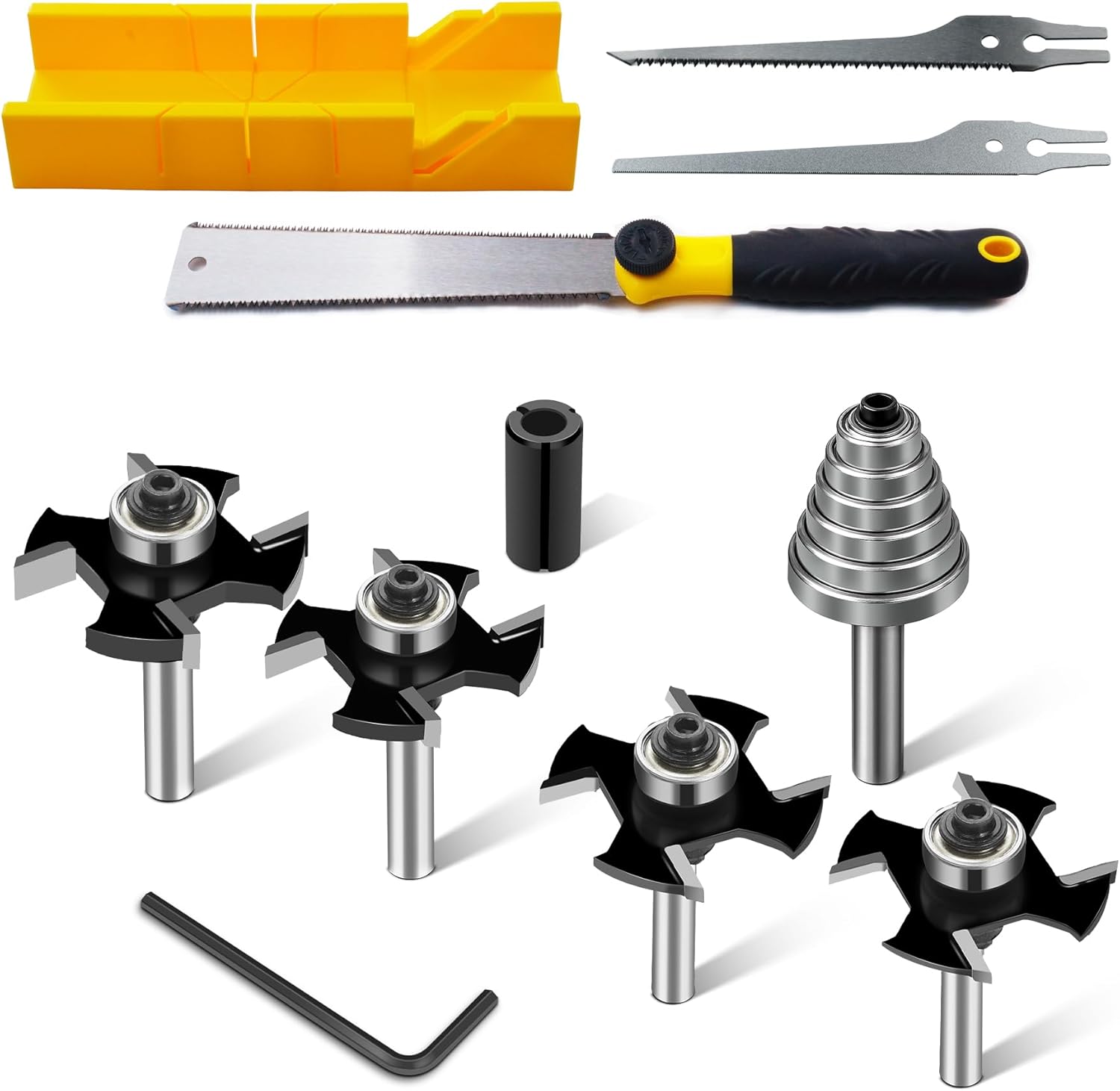 Konvixon 4PCS Miter Box and Saw Set with 4-Flute Rabbeting Router Bit ...