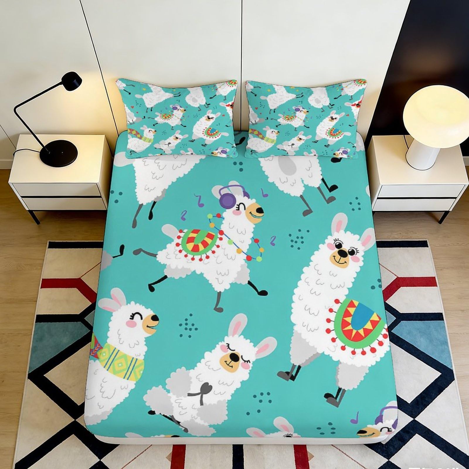 3D Printed Lively Llama Fitted Sheet Microfiber Turquoise Cartoon Alpaca Mattress Cover Bedroom Dorm Decor Washable 180x200x25cm