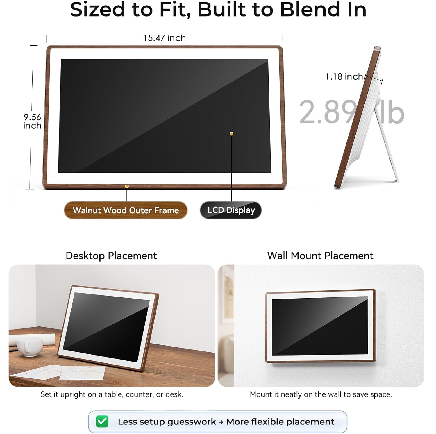 ANKRA 15.6" Digital Family Calendar : No-Subscription Smart Wall Planner, Real-Time Sync, App Voice Reminders, Meal Planner & Chore Chart with Rewards, AI Photo Hub, Gift for Families (Walnut)