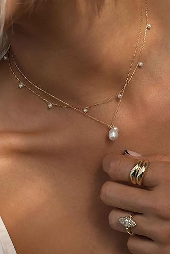 Miniatura 2 de Cowlyn Delicado collar con colgante de perlas redondas para mujer, chapado en oro de 14 quilates, cadena de cruz de girasol, colgante hecho a mano,