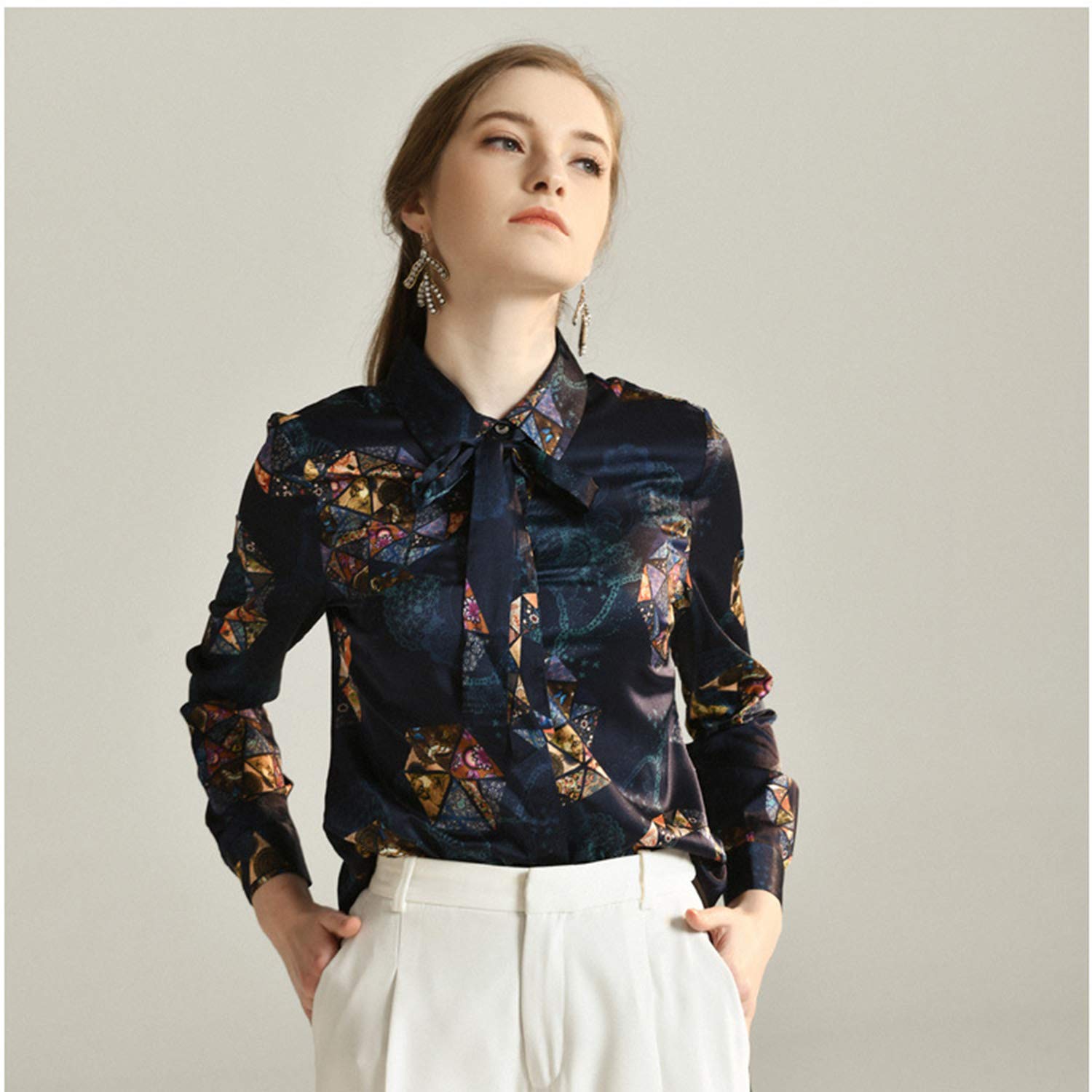 Camicia A Maniche Lunghe in Seta con Stampa Stelle, Top con Fiocco in Pizzo da Donna, Camicetta Elegante