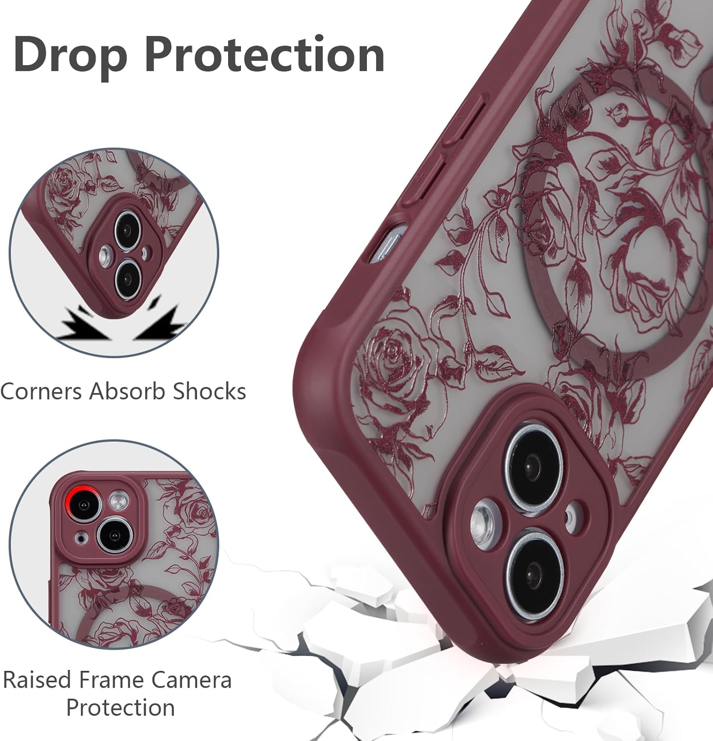 XIZYO Magnetic Case for iPhone 15, Floral Flower Cute Aesthetic Case [Compatible with Magsafe] for Women Girls Rose Pattern Slim TPU Bumper Shockproof Protective Cover, Branch Rose/Wine Red - Image 5