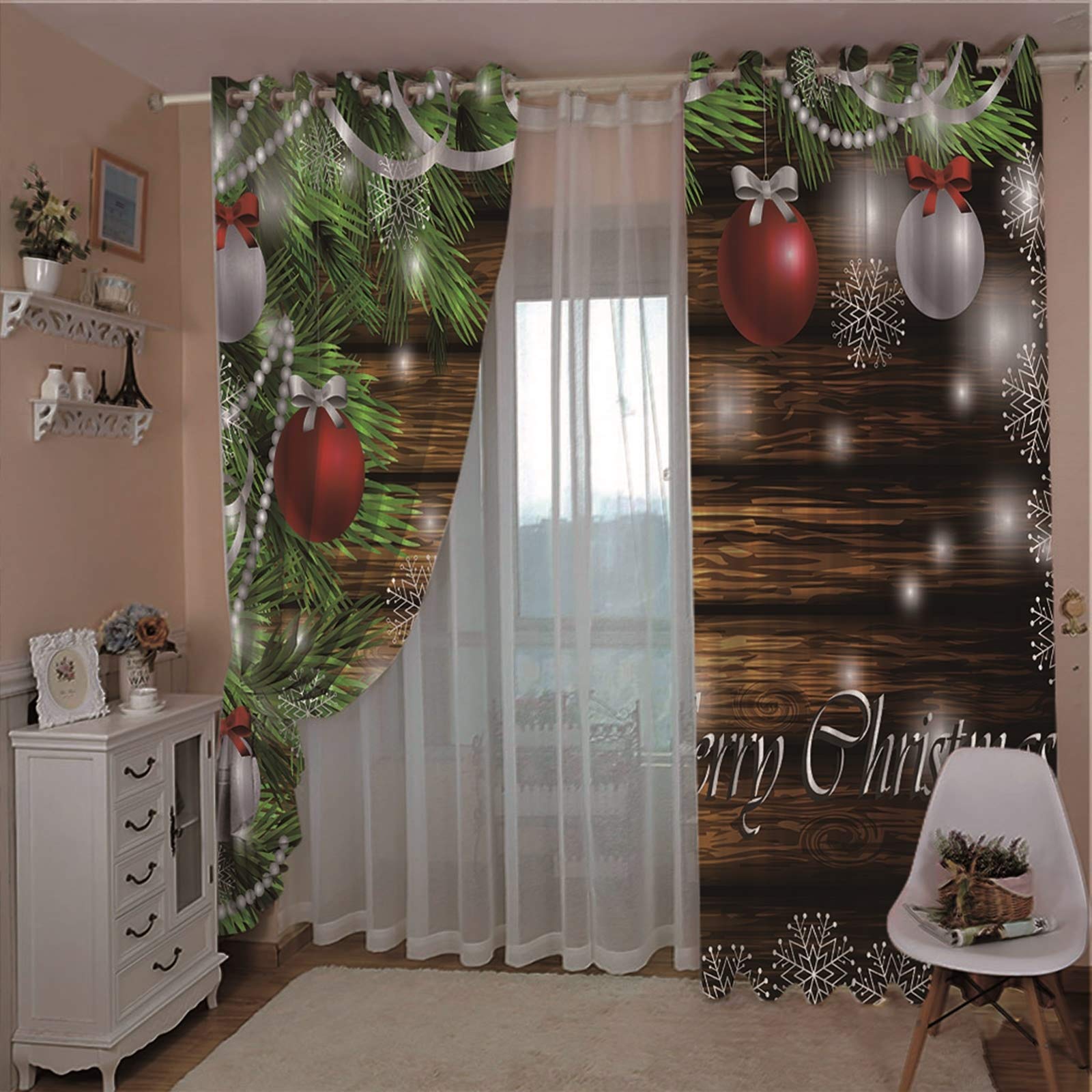 Daesar Lot De 2 Rideau Fenetre Noel, Rideau Classique Salon Décoration de Noël et Flocon de Neige Rideau Fenetre Chambre 107x138CM Rideaux Occultants Marron Vert Rouge