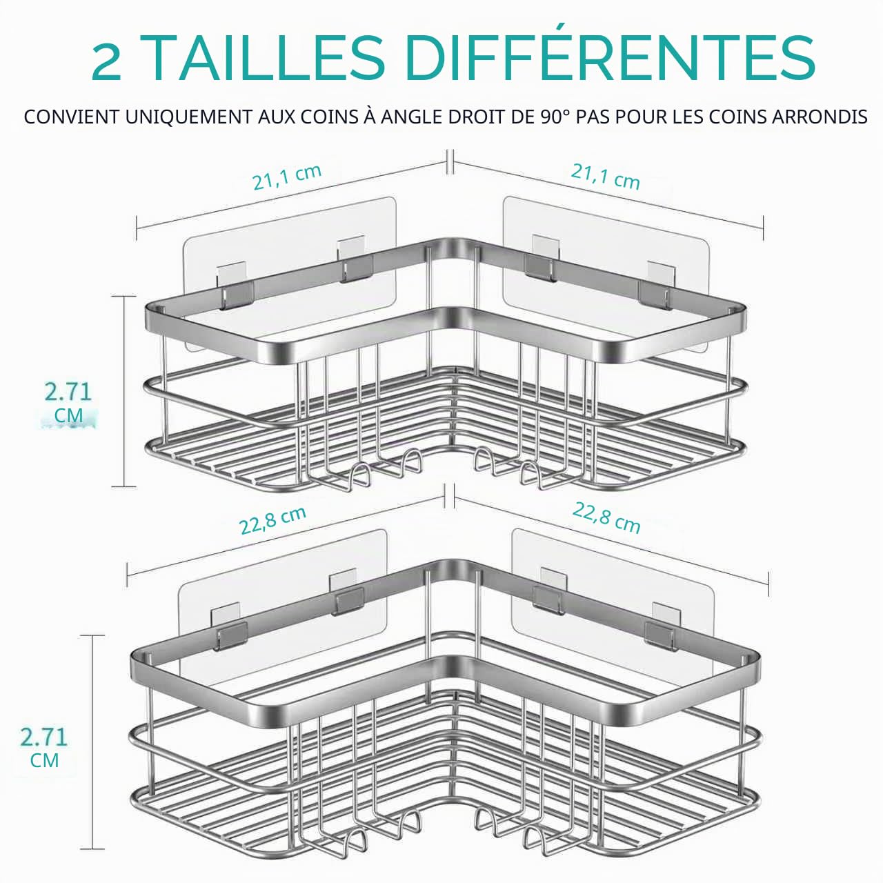 Lot de 2 étagères d'angle de Douche sans perçage pour Salle de Bain, Baignoire, étagère d'angle pour Salle de Bain et Cuisine (argenté)