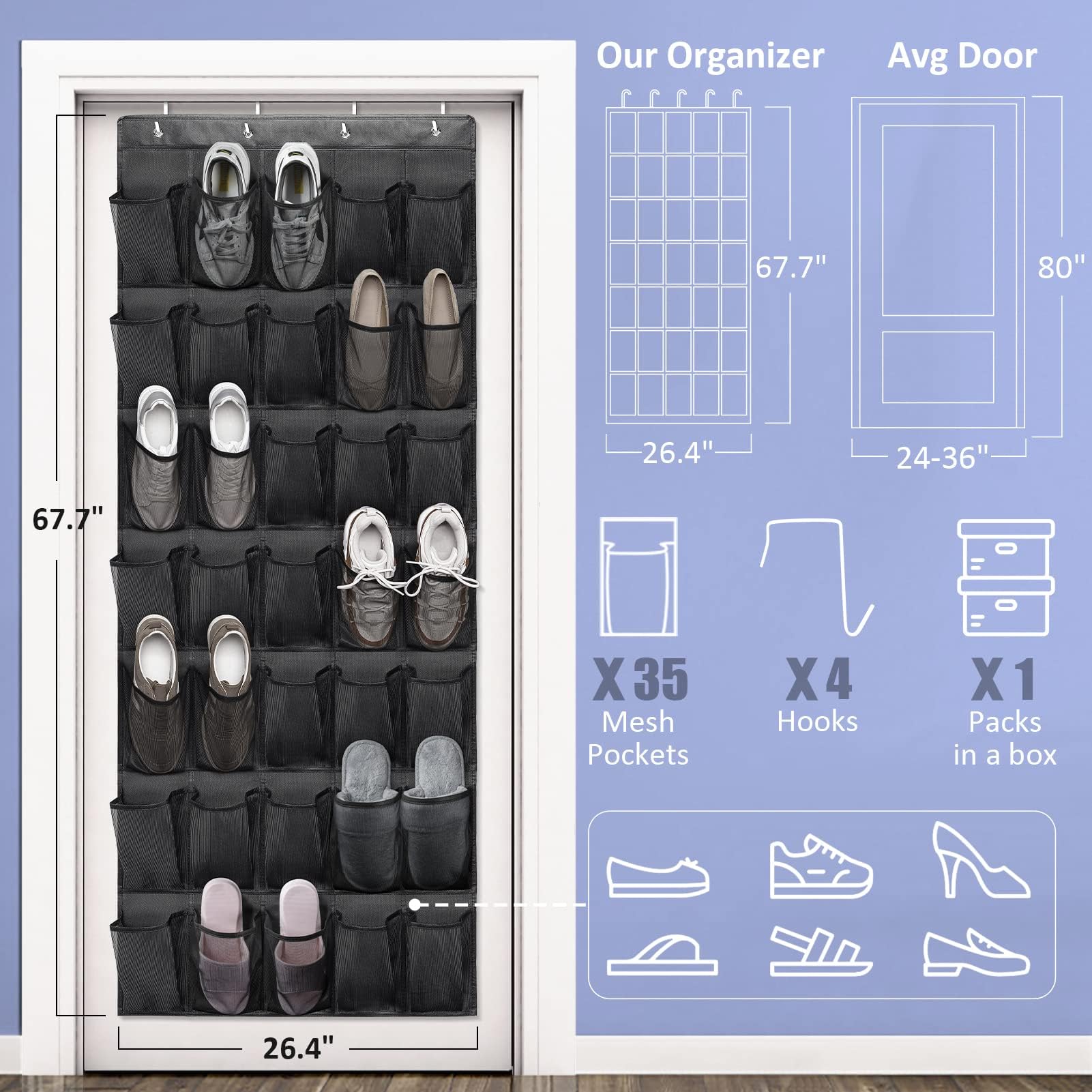 Schoenorganizer voor boven de deur met haken, ruimtebesparend, voor slaapkamer en woonkamer (grijs
