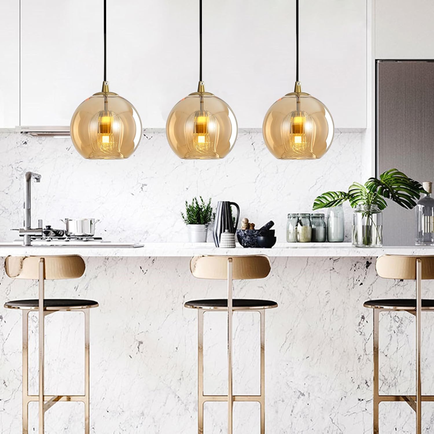 Pendant Light Fixtures Double-Layered Glass Globe Pendant Light E26 Base Vintage Pendant Lighting for Kitchen Island Dining Room Bedroom (Amber, 7.8 Inches)