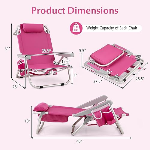 Miniatura 3 de GYMAX Silla de playa, tumbona mochila de 330 libras con respaldo de 5 posiciones, bolsa de almacenamiento, bolsillo lateral, barra de toalla y