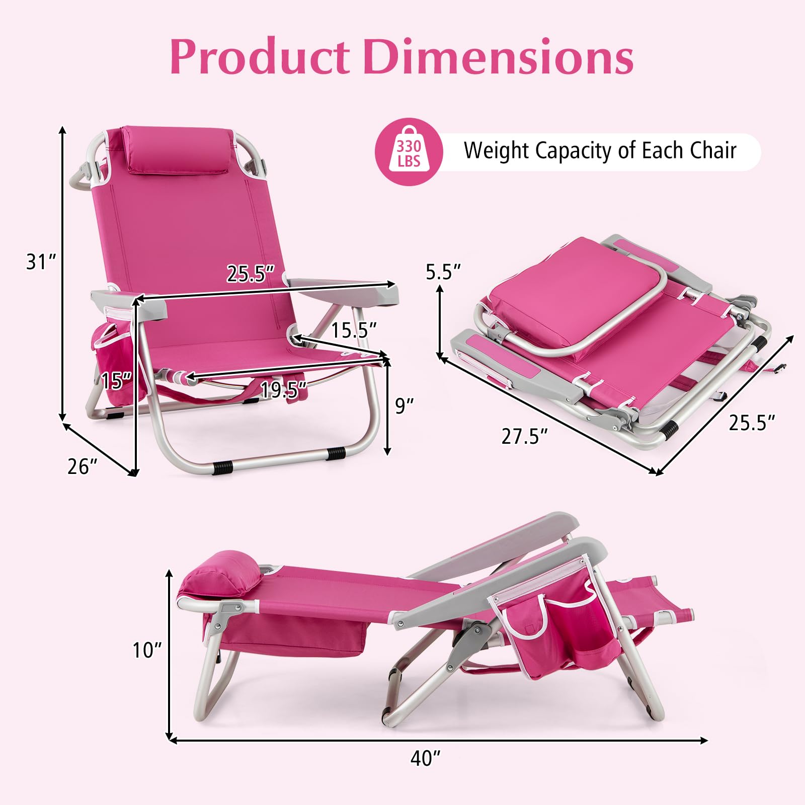 GYMAX Beach Chair Backpack Lounger - 5-Position Foldable Low Beach Chair With Storage