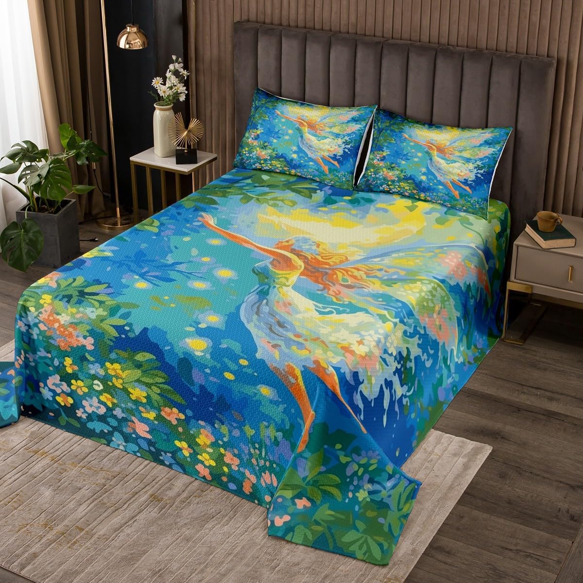 Homewish Cute Fairy Bedspread King Size,Watercolor Flowers Leaves Bedding Set 3Pcs for Kids Girls Boys Teens Room Decor,Magical Wings Comforter Set Dreamy Garden Princess Coverlet Quilt,2 Pillowcases