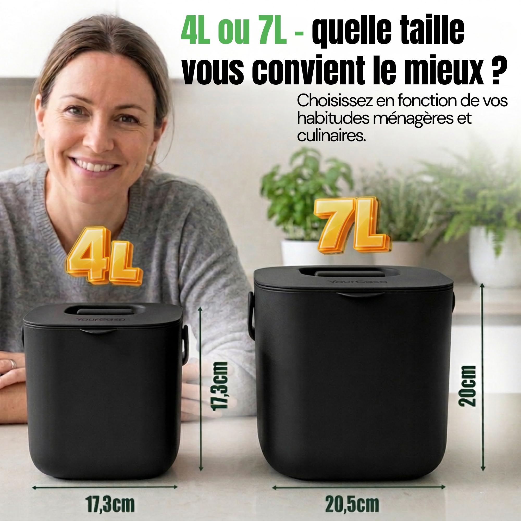 YourCasa® Composteur Cuisine - 7L Poubelle compost cuisine pour les déchets organiques quotidiens Lavable au Lave Inodore poubelles à compost seau compost cuisine petite poubelle cuisine (Noir)