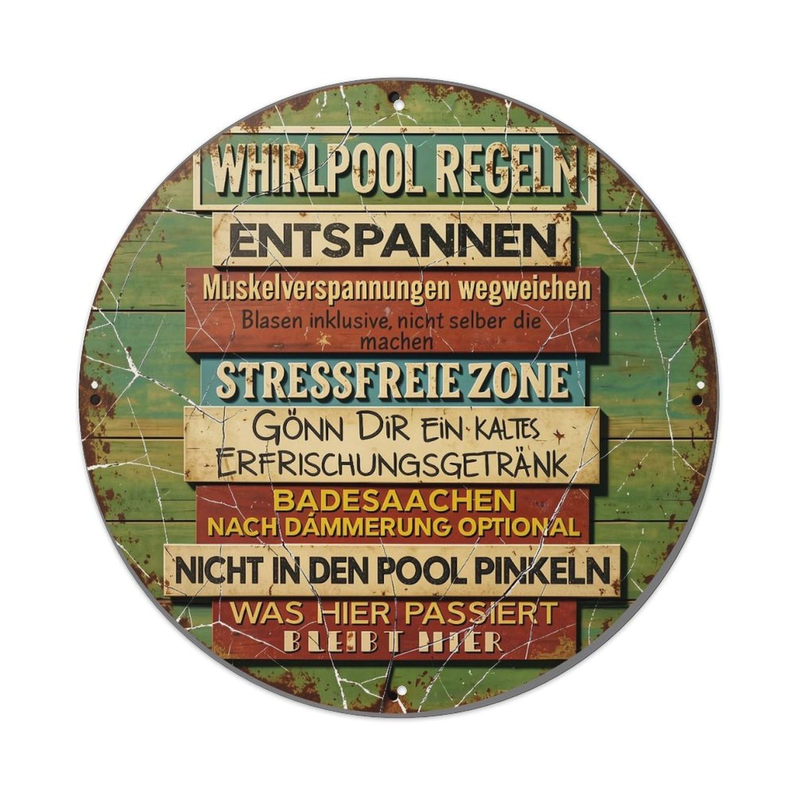 Whirlpool Rules Relax Stress-free Zone Swimwear Optional Round Metal Tin Sign Vintage Wall Decor, Bar Garage Cafe Kitchen Home Wall Art Poster 8x8inches