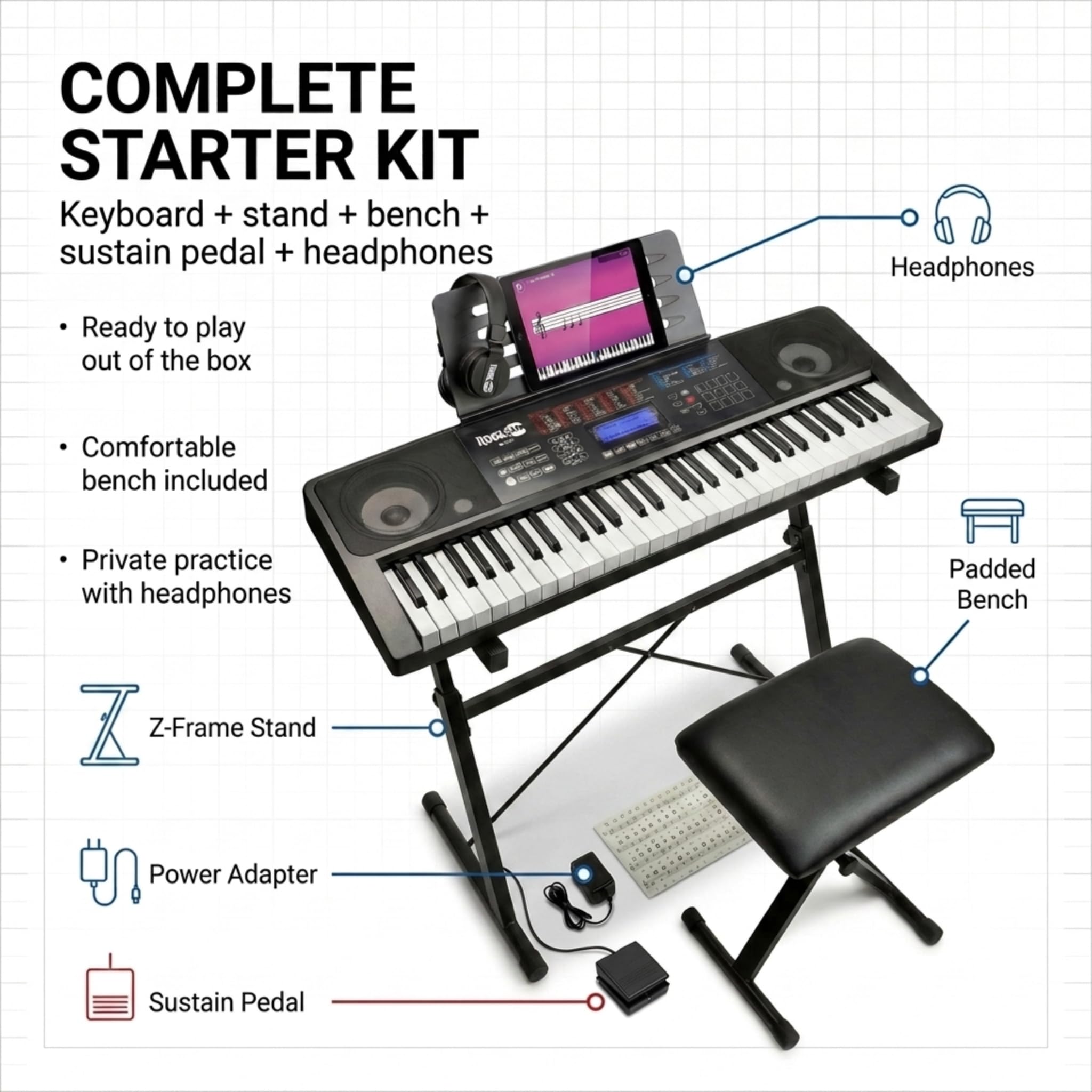 RockJam RJ761 Kit Clavier Piano 61 Touches, Support, Tabouret et Pédale | Synthétiseur débutant 61 touches avec écran tactile, pédale de sustain, support, tabouret, casque et cours Simply Piano
