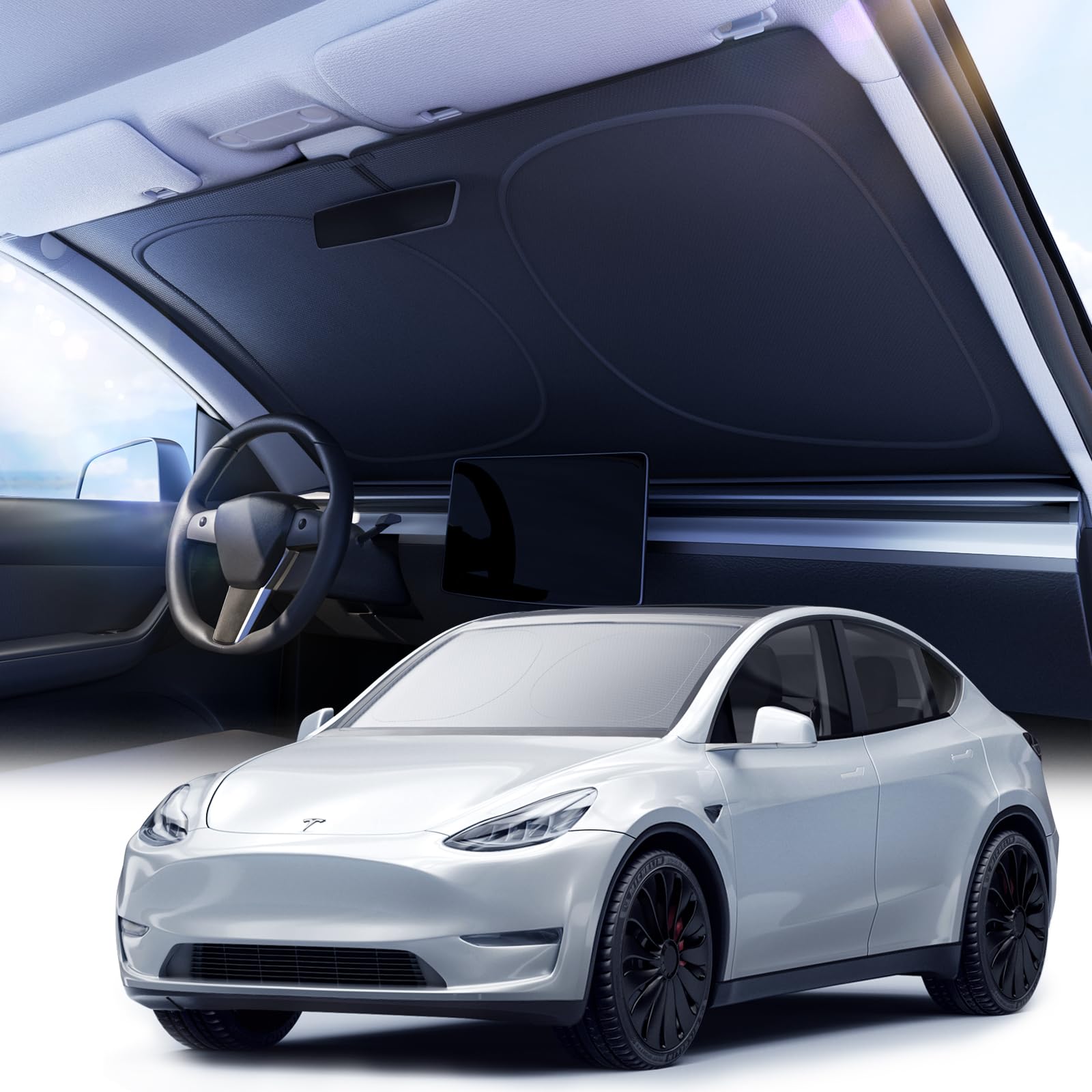 Photo 1 of [2026 Upgraded] Nmoiss Car Windshield Sun Shade [Dot Matrix Reflective Coating] Extended Edge No Light Leakage Design Cooling Protect Car Interior from UV Damage-XL