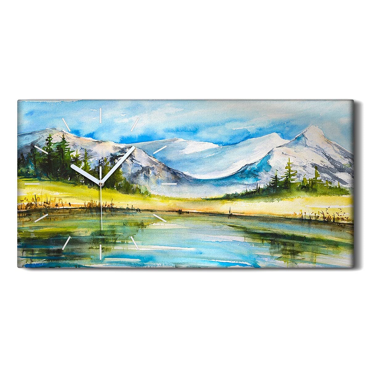 Horloge sur Toile 60x30cm Paysage Montagne et Lac Tableau Mural Silencieux