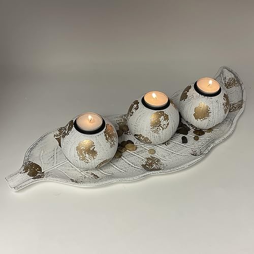 Miniatura 7 de allgala Portavelas de madera de 3 bolas de tealight, pieza central en bandeja de hojas para mesa de café, mesa de comedor, rosa-HD90407