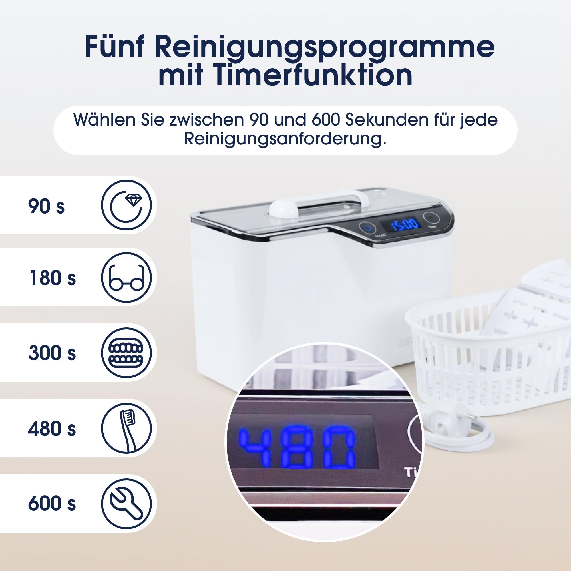 ZENT Ultraschallreinigungsgerät für Brillen, Zahnschiene, Prothesen, Schmuck | Ultraschallreiniger 600 ml, 5 Zeitprogramme, aktives Kühlsystem, LED-Touchpanel, Energiesparend