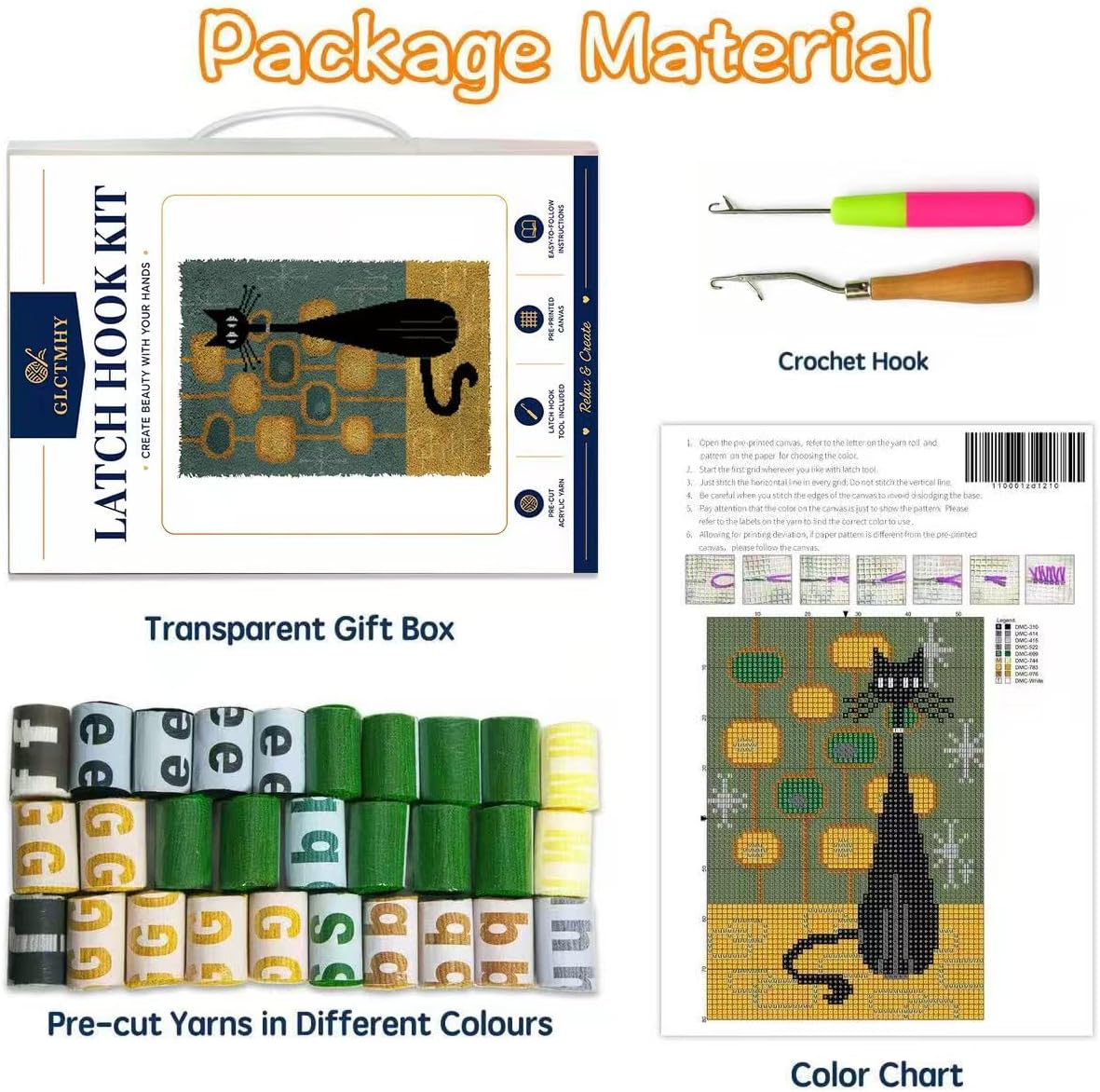 GLCTMHY Latch Hook Rug Kit DIY Crochet Carpet for Beginners, Black Cat Patterns Pre-Printed Canvas Yarn Rug Hooking Kits, Creative Craft Home Decor for DIY Art Lovers 20" X 15"