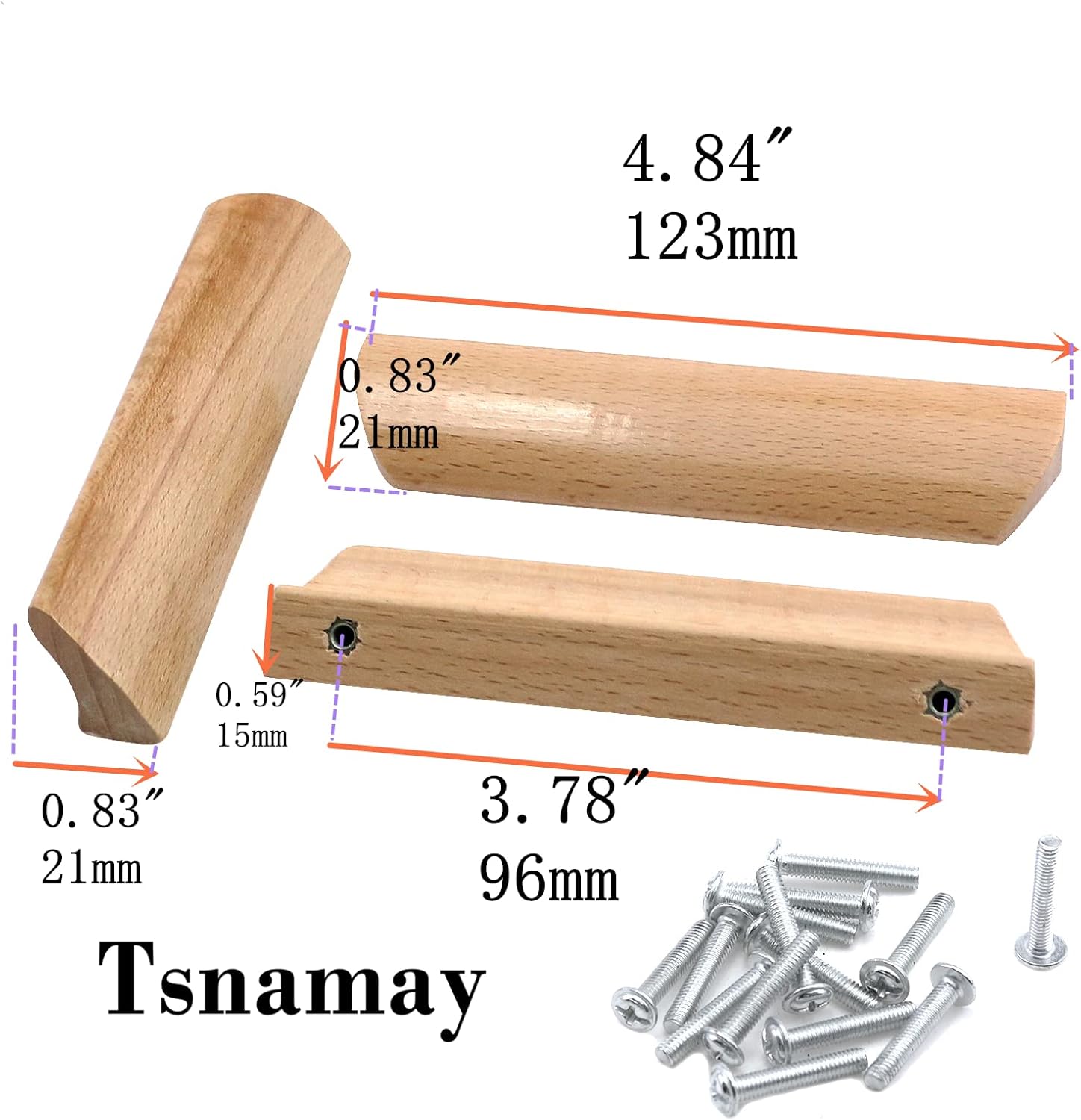 6Pcs 4.84" Wood Solid Furniture Pulls Handles, Painted Smoothly Wooden Handles Cupboard Closet Drawer Handle Pull,Hole Dis.3.78"