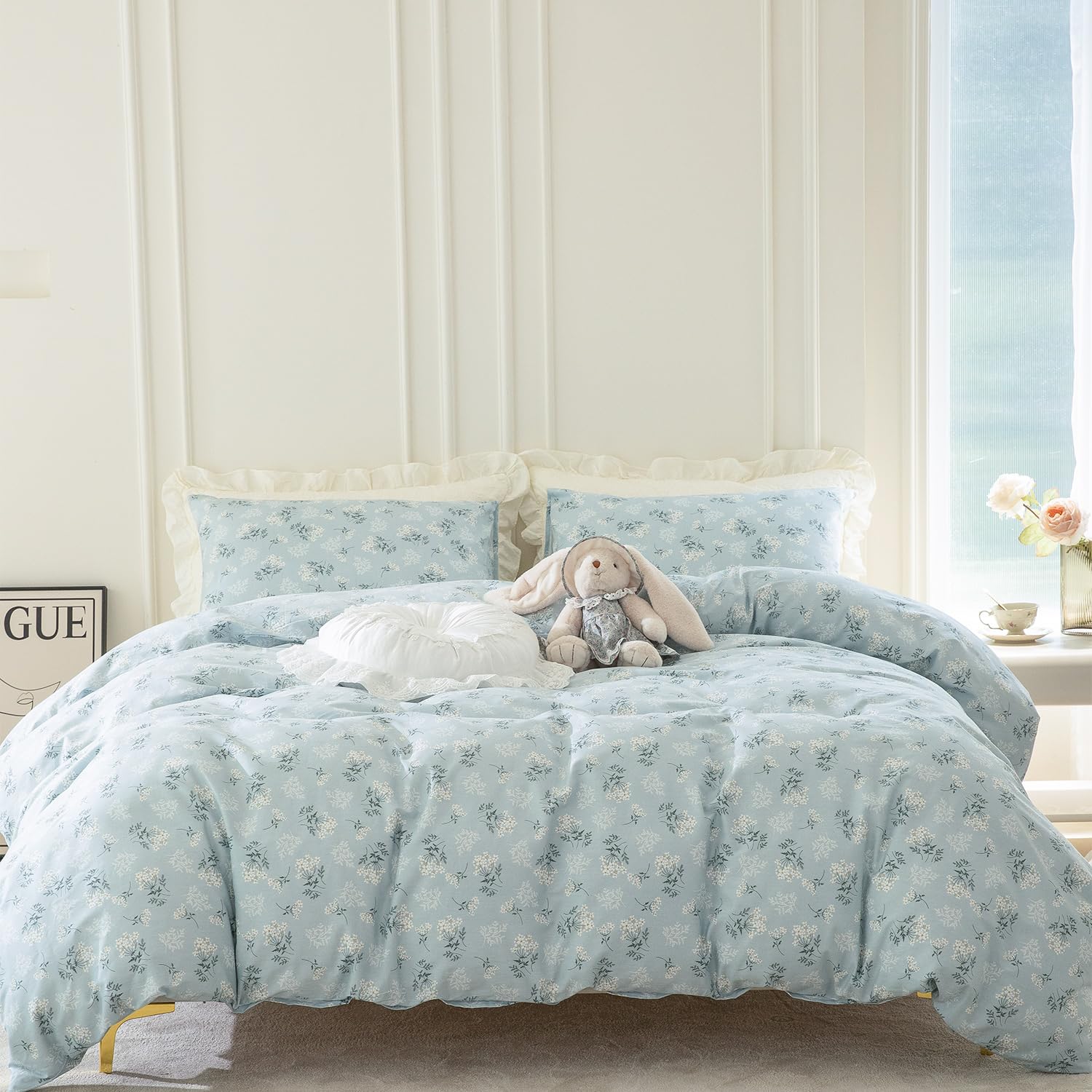 Parure de lit 3 pièces housse de couette très grand lit microfibre floral bleu éclair