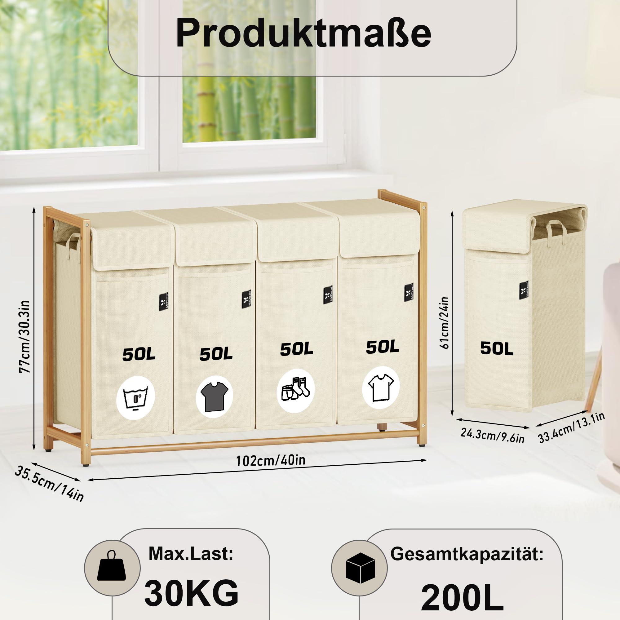 AdelDream Cesto de ropa clasificador de ropa con ruedas 4 compartimentos carro de lavandería con bolsas desmontables recolector de ropa bambú 200L color beige | Clasificador de ropa sucia 4 x 50L, bolsa extraíble, transpirable, beige