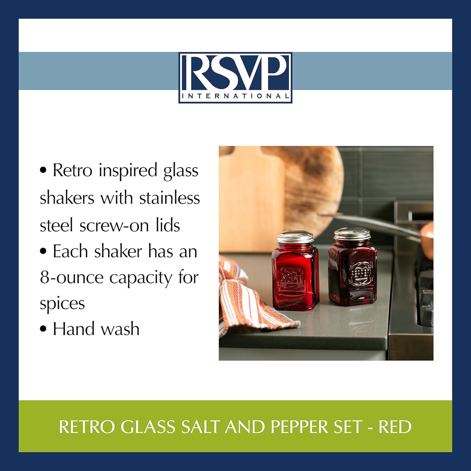 RSVP International Jumbo Retro Glass Salt & Pepper Shaker, Screw On Stainless Steel Lid, Each Shaker Holds 8 Ounces, Red, 2.25x2.25x4.3, 2 Piece