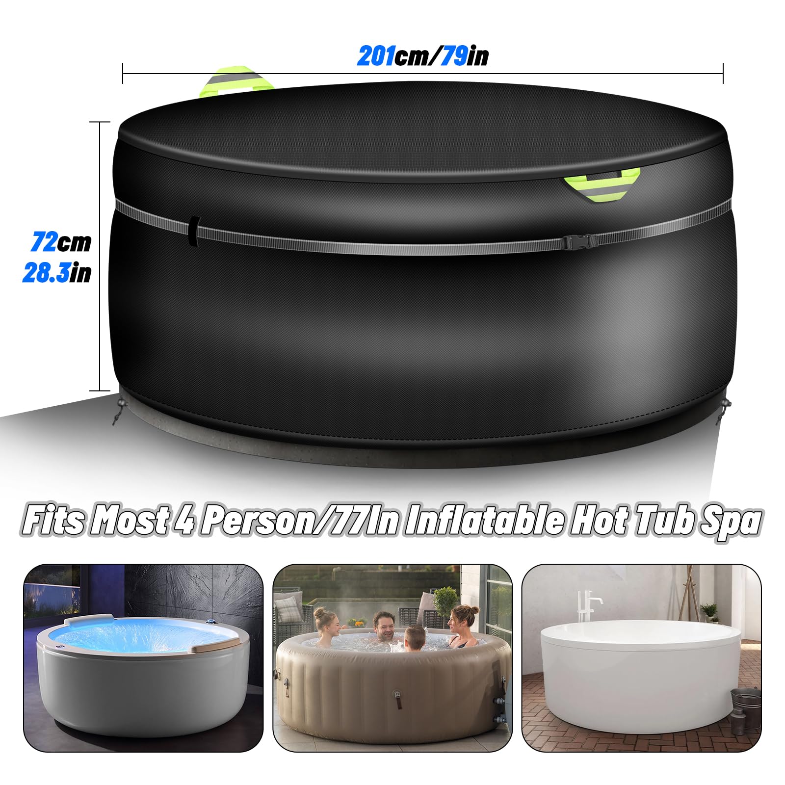 Cubierta redonda para bañera de hidromasaje de 220 x 72 cm, protector de cubierta de bañera de hidromasaje para 4 personas, 420D Oxford, cobertura completa, protector térmico de spa