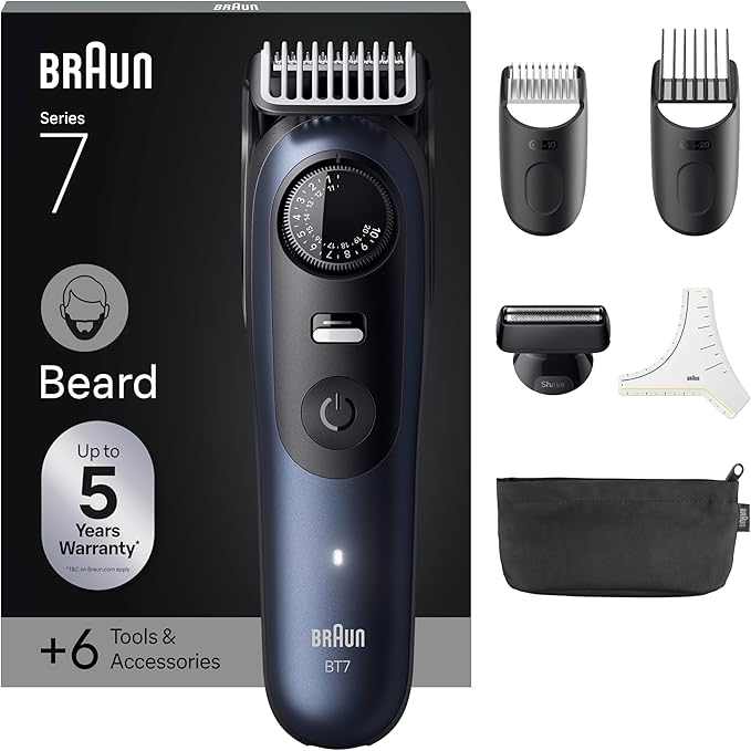 Braun Tondeuse A Barbe Homme Series 7, BT7520, Bleu, + 6 Outils de Barbier, 40 Longueurs, Lame Inusable Pour Un Rasage Professionnel, Kit Tondeuse Electrique Sans Fil, 2 Sabots et Pochoir A Barbe